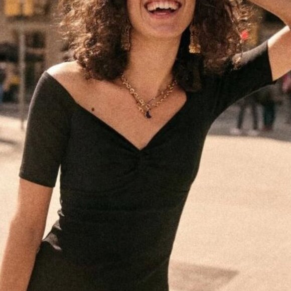 Sezane Coraline Dress Black Size XS Minimalist French Sweetheart V-Neck Bodycon - Picture 3 of 12